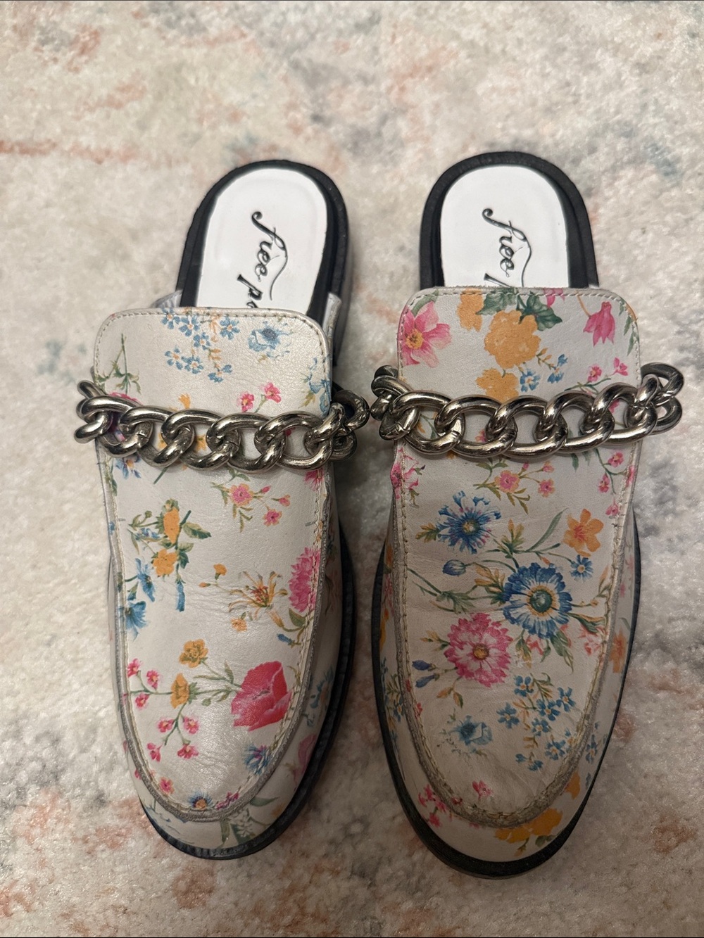 Free People White Floral Chain-Trim Mules